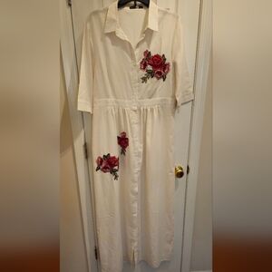 Boohoo Cream Shirt Dress with Floral Embroidery - Size 12